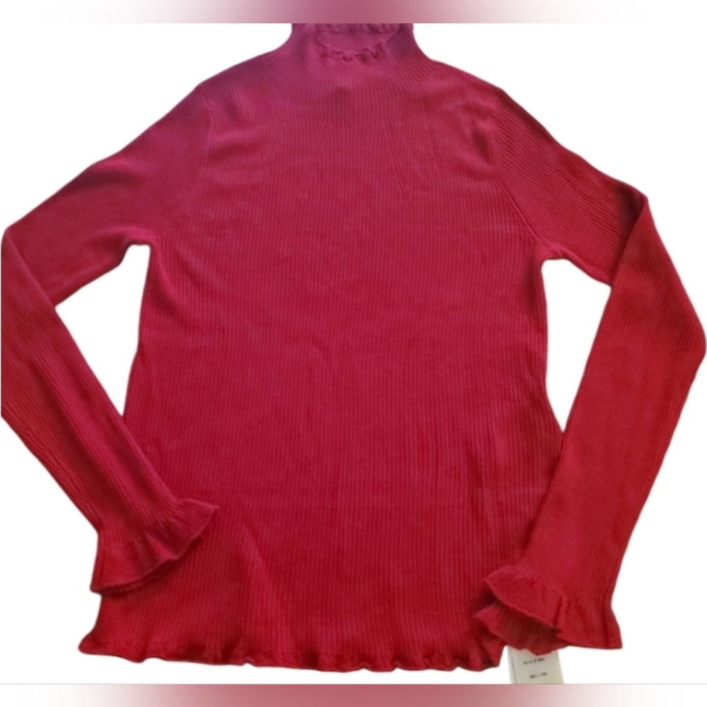 Marc Cain wool cashmere Deep red Lettuce edge mock turtleneck NWT